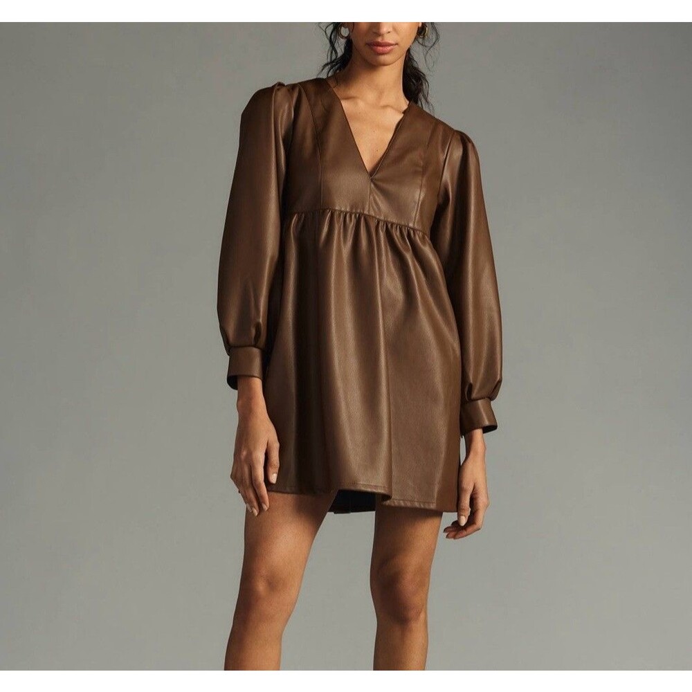 Anthropologie Babydoll Dress Womens Size Medium Brown Faux Leather Mini NWT